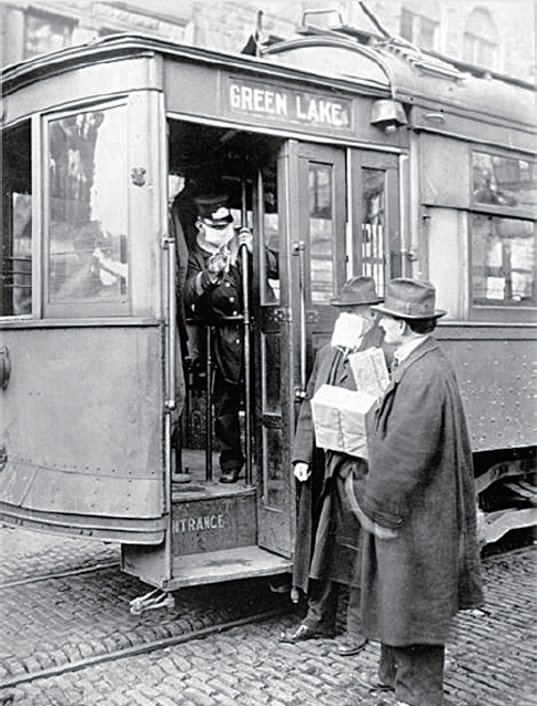 스페인 독감의 영향으로 시애틀에서 마스크를 쓰지 않은 사람은 아예 전차 탑승이 거부됐다. 출처=ko.wikipedia.org