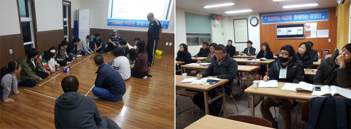 (좌)동문들과 재학생이 함께 간 MT (우)구로에 위치한 스터디 룸에 모여 선배의 강의를 듣고 있는 모습