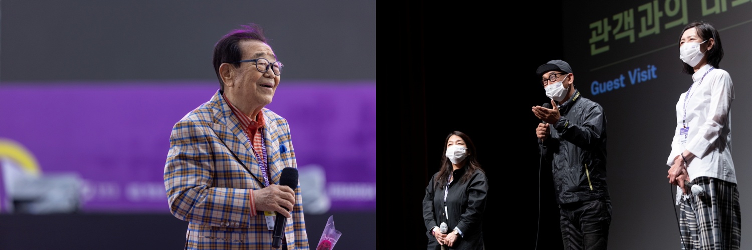 '송해 1927' 이벤트에 참여한 MC 송해(왼쪽 사진)와 '자산어보' GV에서 관객의 질문에 답하고 있는 이준익 감독(오른쪽 사진 가운데). 사진 출처=평창국제평화영화제
