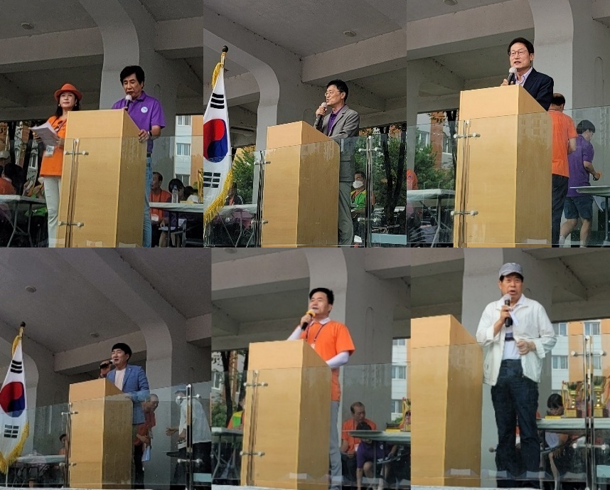 (사진 윗줄 왼쪽부터 시계 방향으로)이춘매.장봉은 한마음 어울마당 공동대회장, 신현욱 서울지역대학장, 조희연 서울시교육감, 류수노 전 방송대 총장, 성준후 전국총동문회장, 김교호 전국총학생회장.