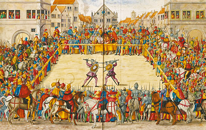 「전투에 의한 재판(Trial by combat)」. 1409년 아우크스부르크에서 빌헬름 폰 도른스베르크 원수와 테오도르 하셰나커 사이에 벌어진 재판을 묘사한 1540년대 그림. 전투에 의한 재판은 증인이나 분쟁 중인 두 당사자가 단일 전투로 고발을 해결하기 위한 게르만식 방법이었고, 사법적으로 승인된 결투였으며, 싸움의 승자가 옳다고 선언됐다. 이 용어는 유럽 중세 시대 내내 계속 사용되다가 16세기에 점차 사라졌다. 사진 출처=위키피디아