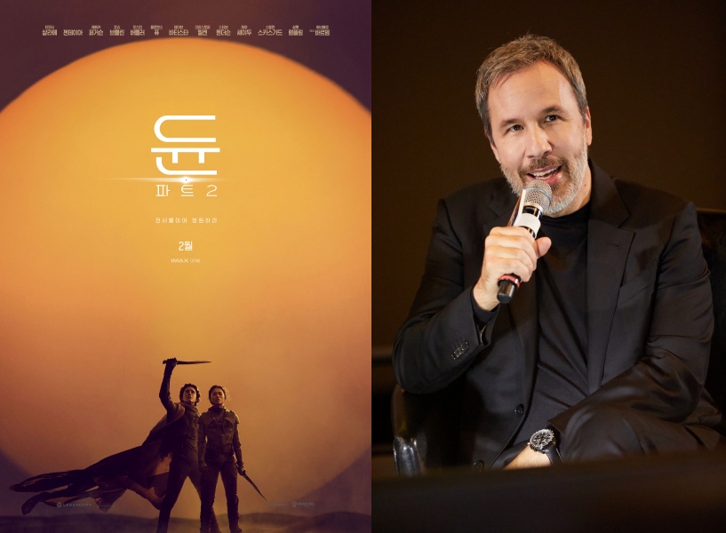 「듄: 파트2」포스터와 드니 빌뇌브 감독. 사진 제공=(주)워너브러더스코리아