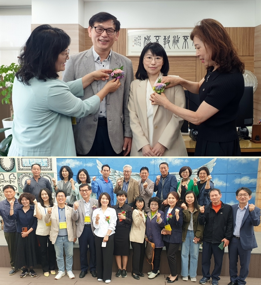 행사에 앞서 박미경 대전충남 중문학과 학생회장이 장호준 학장과 원혜련 학과장에게 카네이션을 달아드렸다(사진 위). 행사에 참여한 학과 교수들과 회장단이 기념사진을 담았다(사진 아래)