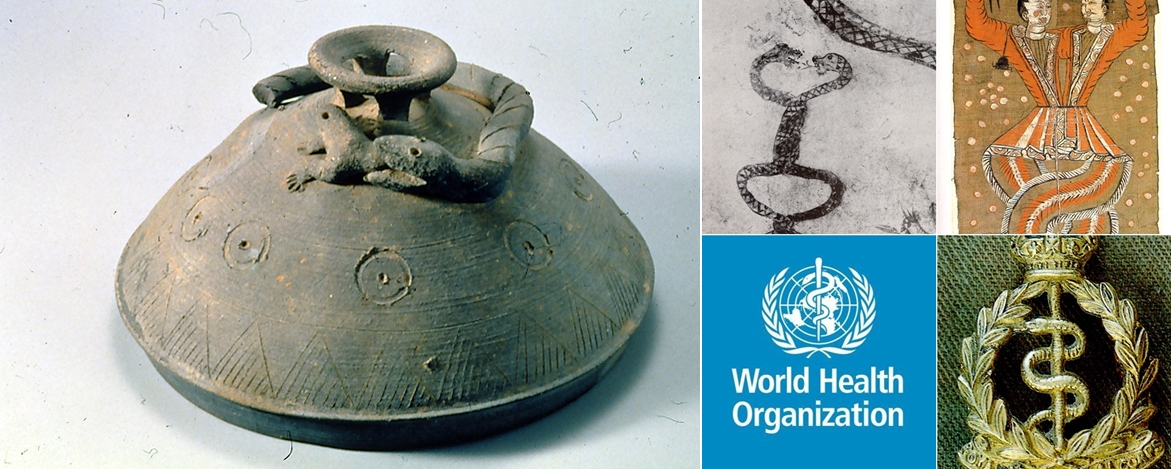 (사진 왼쪽) 신라 토우 가운데는 불사와 재생을 상징하는 뱀이 풍요와 다산을 상징하는 개구리를 물고 있는 토우들이 있다. 신라 토우(국립중앙박물관). (사진 오른쪽 시계방향 순) 두 마리의 뱀이 몸을 S자형으로 꼬고 얼굴을 마주 보고 사랑하는 문양은 불사와 재생의 상징이다. 삼실총「교사도」, 「복희여와도」(7세기, 국립중앙박물관). 치료의 신, 의술의 신, 아스클레피오스. 세계보건기구 엠블럼에도 뱀이 그려져 있다.