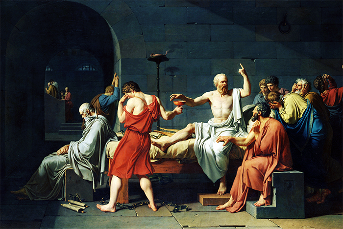 자크 루이스 다비드(Jacques Louis David)가 그린「소크라테스의 죽음(The Death of Socrates)」. 플라톤은 죽음을 받아들인 스승을 두고 “고귀하고 두려움 없이 죽었기 때문에 태도와 말 모두 행복해 보였다”라고 기록했다. 출처=www.metmuseum.org