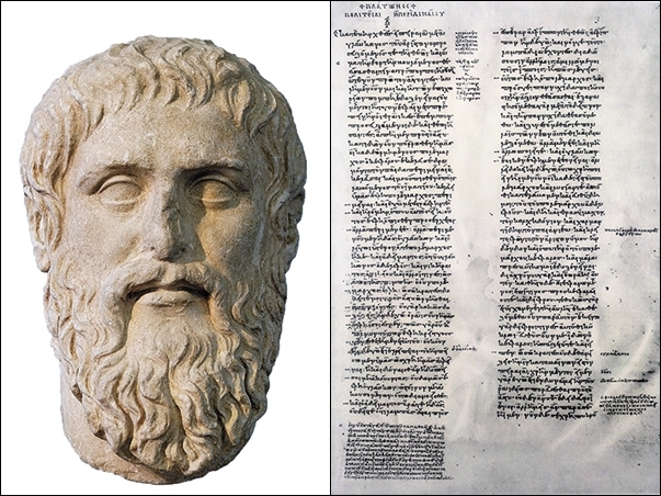 기원전 370년경 아테네 아카데미를 위해 실라니온이 만든 플라톤의 두상 사본(사진 왼쪽)과플라톤의『국가』의 시작 부분(Politeia beginning. Codex Parisinus graecus 1807). 출처=wikipedia.org