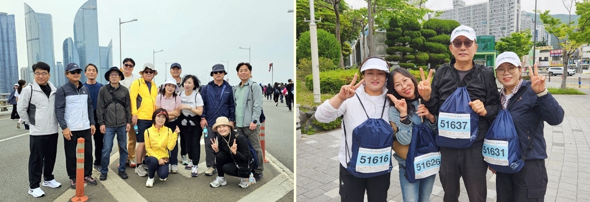 걷기대회 중 포즈를 취한 부산 경영학과 동문들과 재학생. 사진=손금산 부산 동문통신원