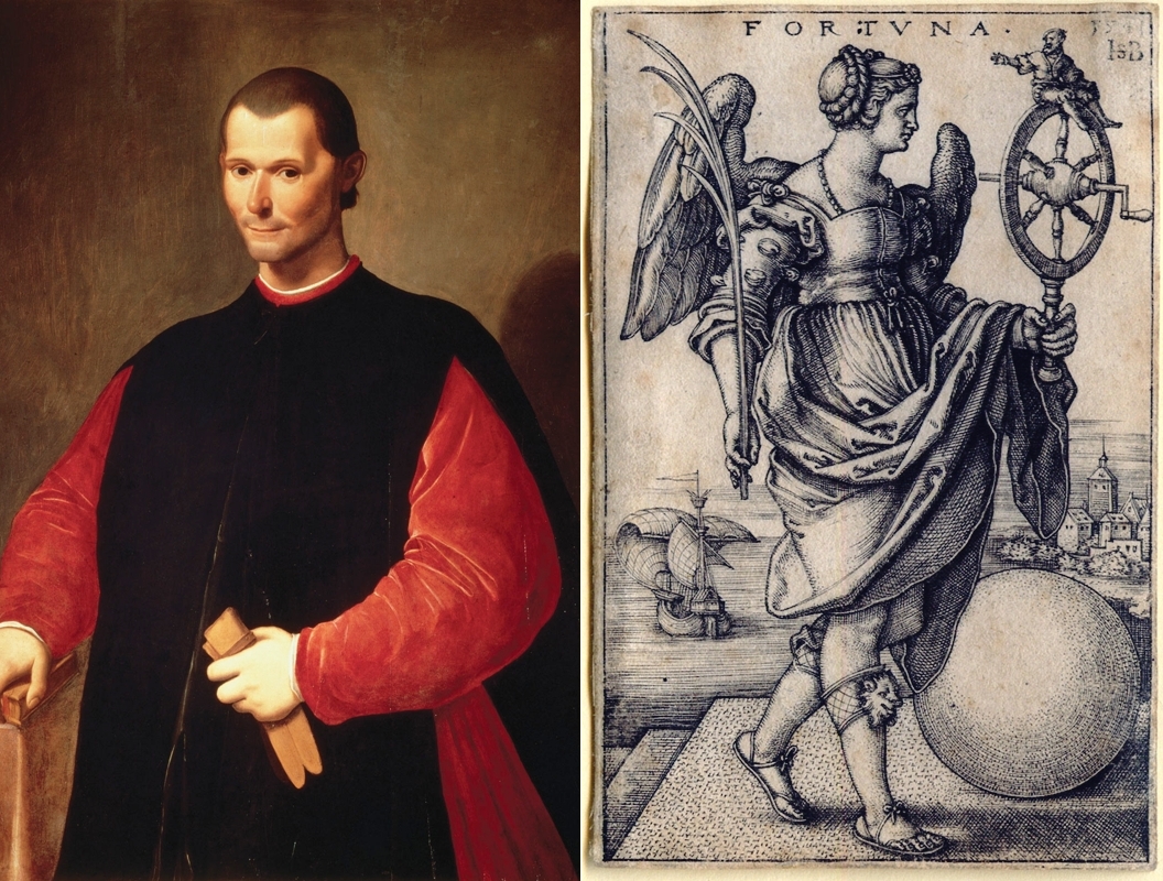 마키아벨리(왼쪽)는 자신의 저서(군주론)에서 운명의 여신을 뜻하는 포르투나(fortuna)가 ‘행운을 가져오다’라는 말에서 비롯됐듯이, 운명을 숙명(sorte)으로 받아들여서는 안된다고 말했다. 독일화가 한스 세발트 베함(Sebald Beham, 1500~1550)이 그린 포르투나 여신(1541).