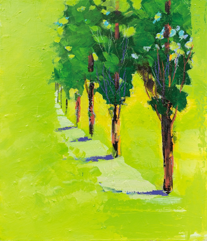 이 작품은 지난 3월 14일부터 31일까지 서울 영등포구 문래동 아트필드에서 열린 김석희 초대전「The Poetic: 숨결·물결·바람결」에 전시됐다. 호시노는 이 작품을 두고 “김석희의 그림「봄길」은 나를 미치게 만든다. 나의 행복감도 폭발하고 자아가 형광색 그린의 공기와 빛 속에 섞여서 사라져 버린다. 정말 무아의 경지”(초대전 도록 해설「언어 바깥의 노을」)라고  썼다. 