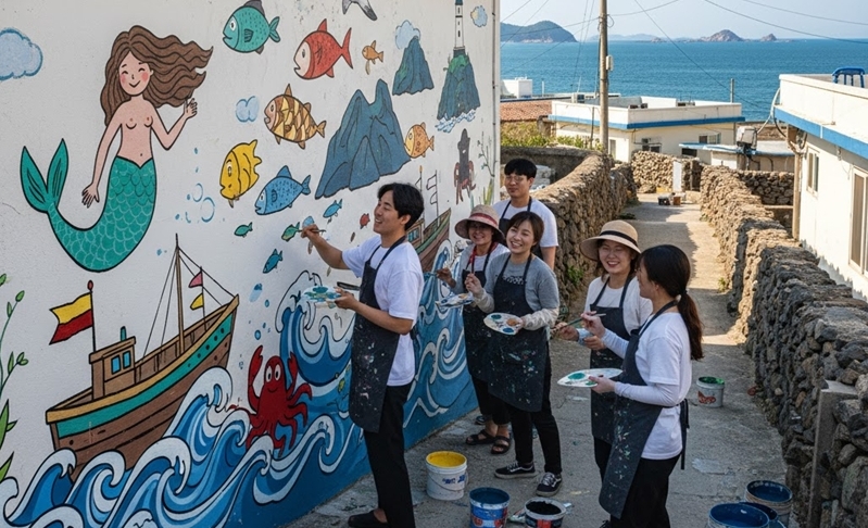 인천지역대학이 소이작도 섬 마을에 그려넣을 벽화를 공모하고 있다. 사진은 벽화 그리기 이해를 돕기 위애 제미나이로 구성한 이미지다.