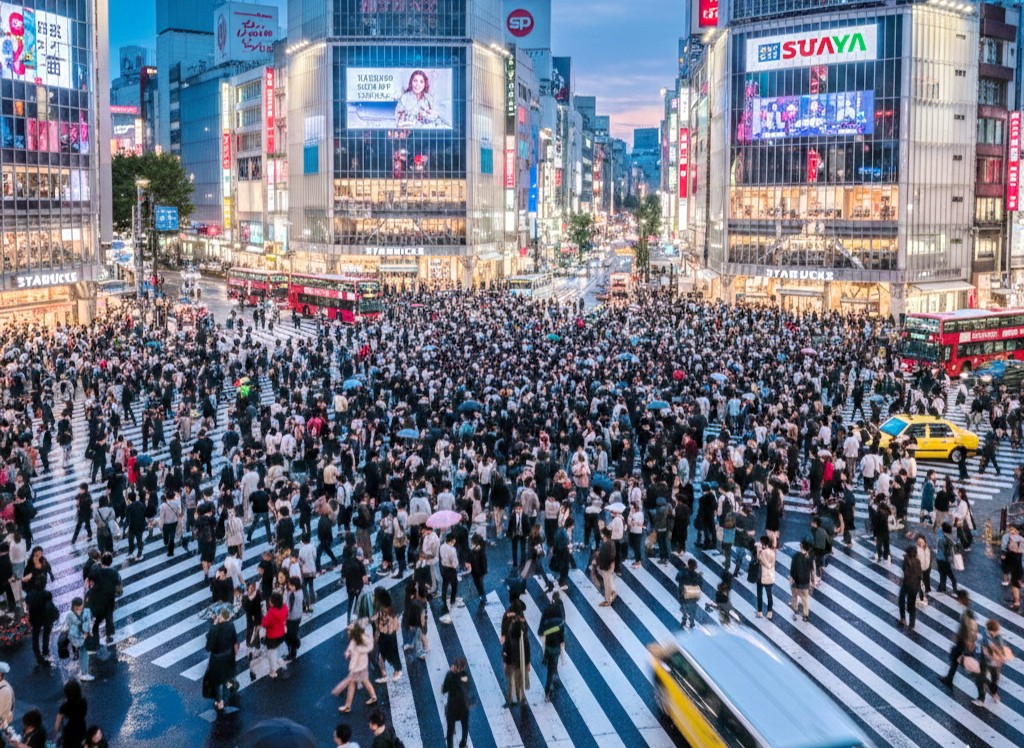 제미나이로 그려낸 일본 시부야의 스크럼블 교차로. 호시노 도모유키는 일제히 쏟아져 들어오는 사람들의 보행 방향을 예측하며, 마치 럭비 선수처럼 자신의 길을 열어간다고 말하면서, 자신이 1초 앞의 세계를 예측하는 데 너무 골몰한다고 털어놓는다.