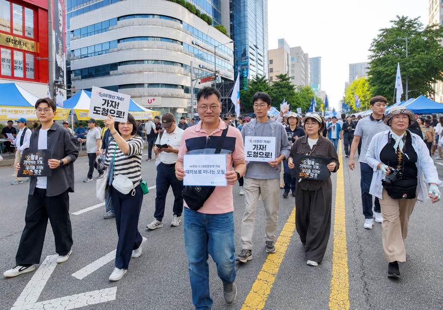 광주전남지역대학 컴퓨터과학과 학생회 학우들이 5월 16일 조선대학교와 전일빌딩245, 5·18민주광장 일대를 순례하며 오월의 현장을 돌아보는 행진에 나섰다.